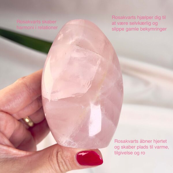 Rosakvarts Freeform Krystal Sten i hånd på hvid baggrund med tags