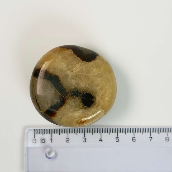 Septarie håndsten Krystal Sten med lineal på hvid baggrund