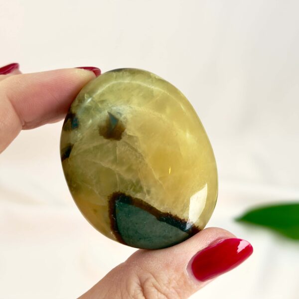 Septarie håndsten Krystal Sten I hånd på hvid baggrund