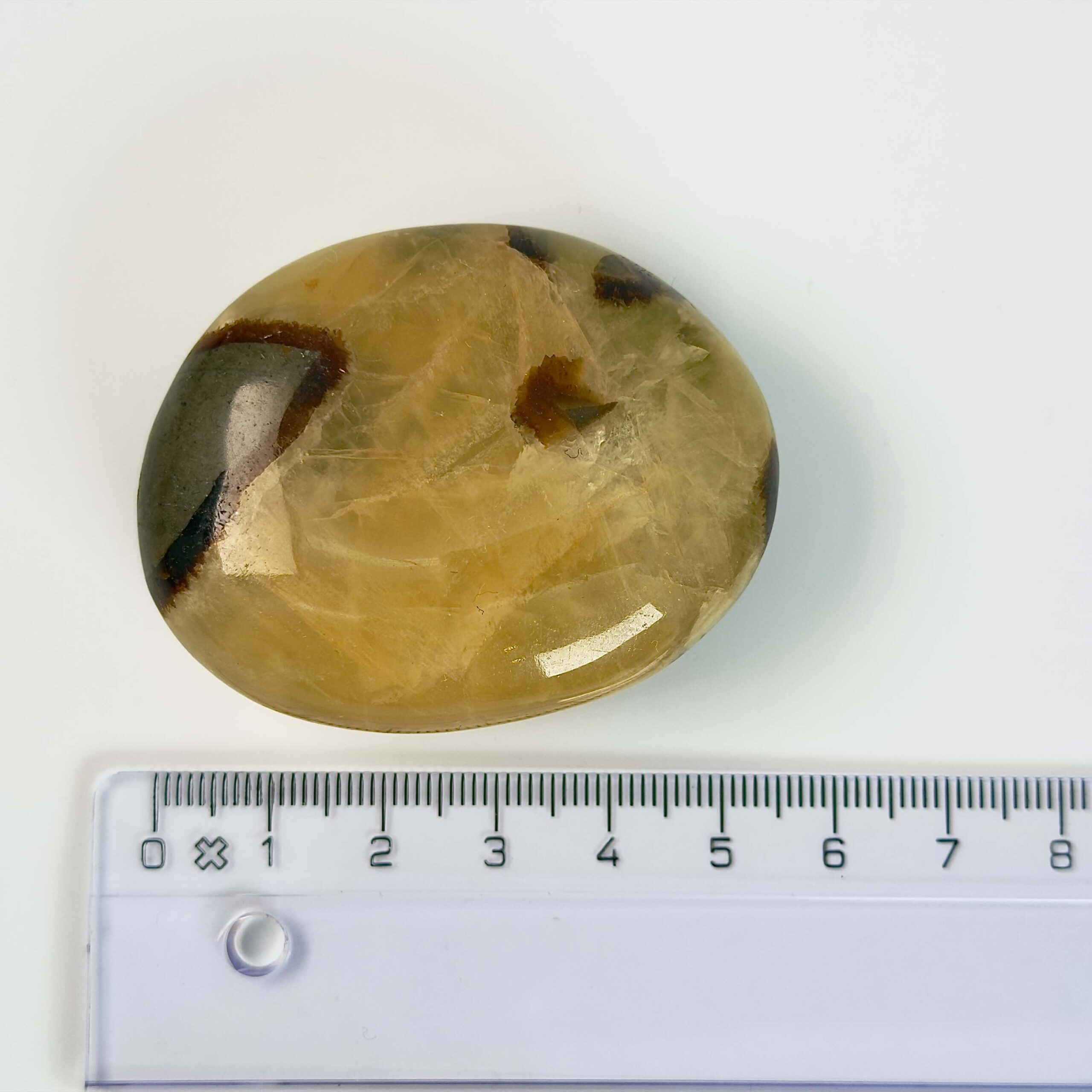 Septarie håndsten Krystal Sten med lineal på hvid baggrund