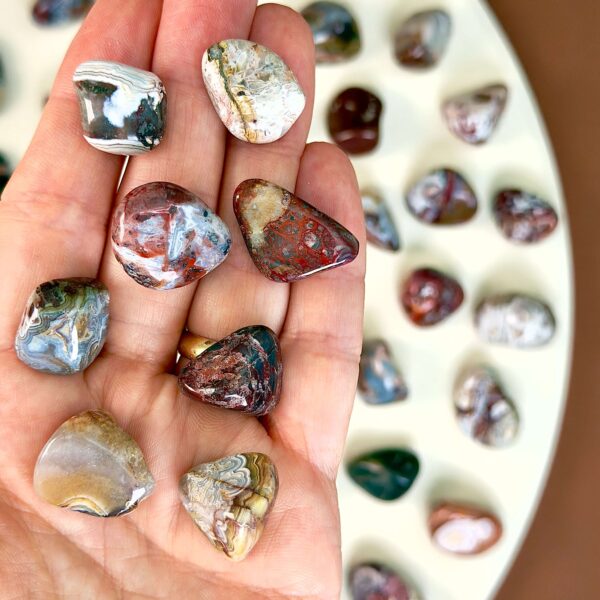 Agat Crazy Lace Lommesten Krystal Sten i hånd på hvid baggrund