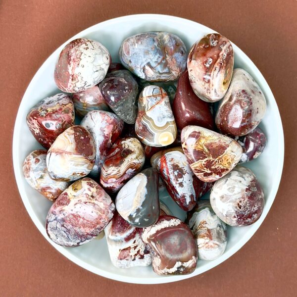 Agat Crazy Lace Lommesten Krystal Sten i skål på brun baggrund