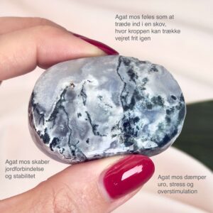 Agat Mos Håndsten Krystal Sten i hånd på hvid baggrund med tags