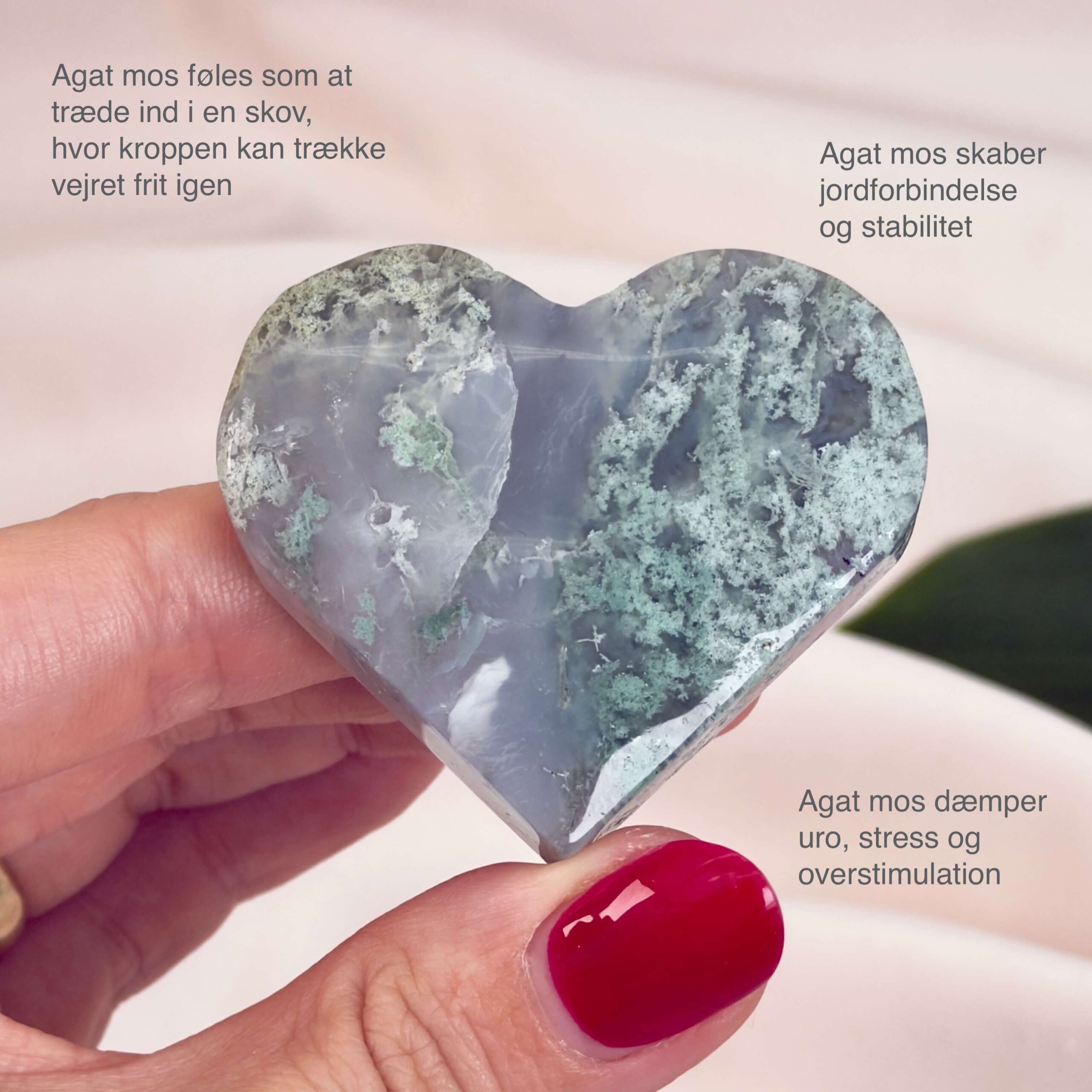 Agat Mos Hjerte Krystal Sten i hånd på hvid baggrund med tags