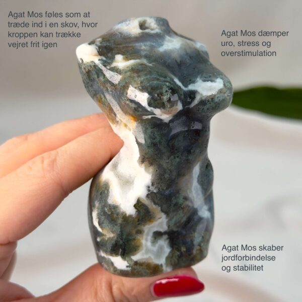 Agat Mos Kvindekrop krystal sten i hånd på hvid baggrund med tags