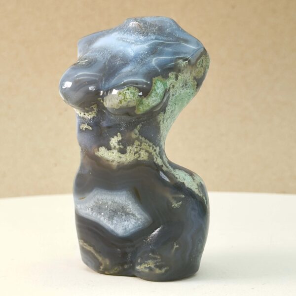 Agat Mos Kvindekrop krystal sten på brun baggrund