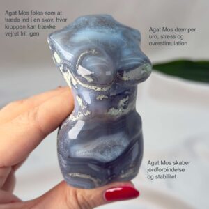Agat Mos Kvindekrop krystal sten i hånd på hvid baggrund med tags