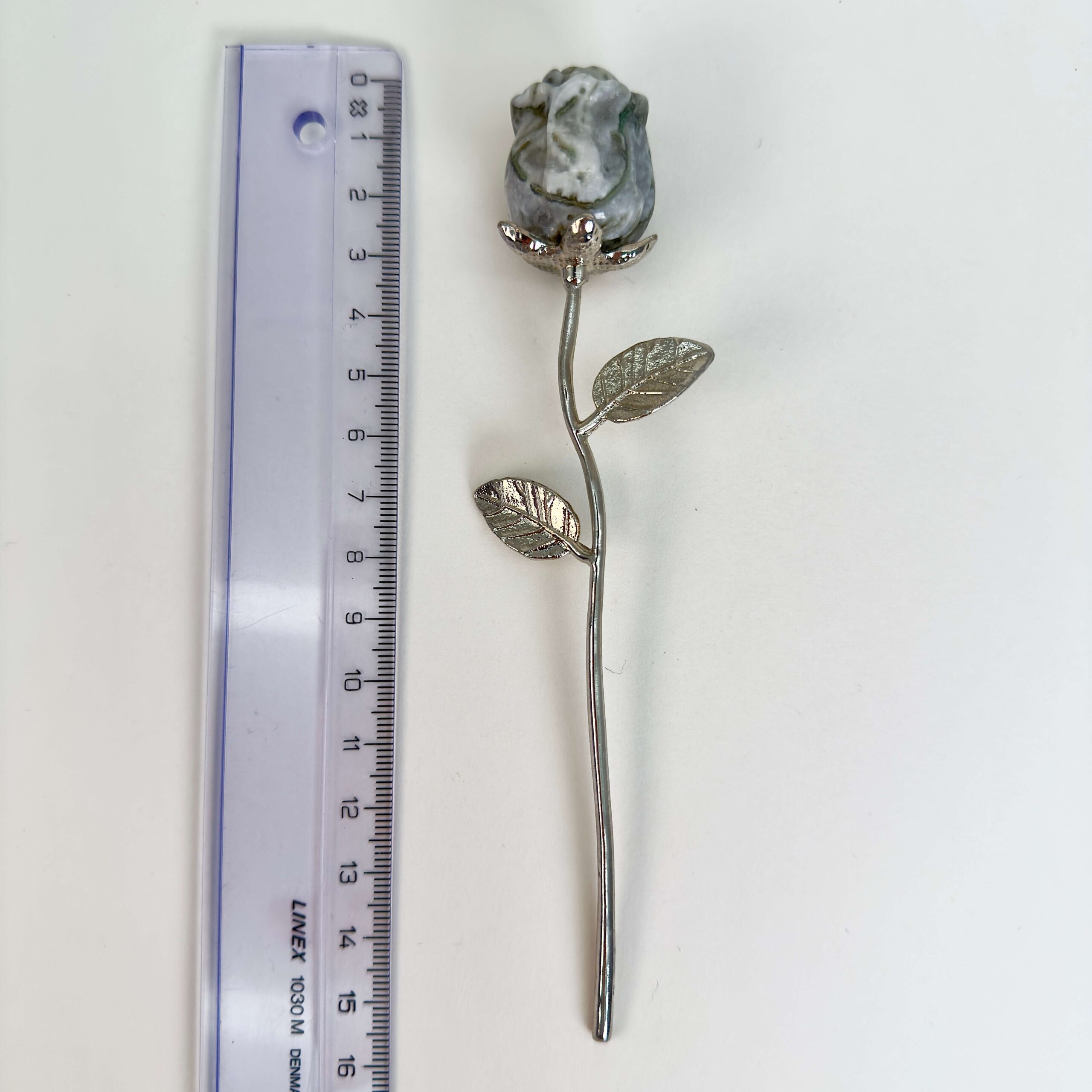 Agat Mos Rose med sølvfarvet stilk krystal sten med lineal