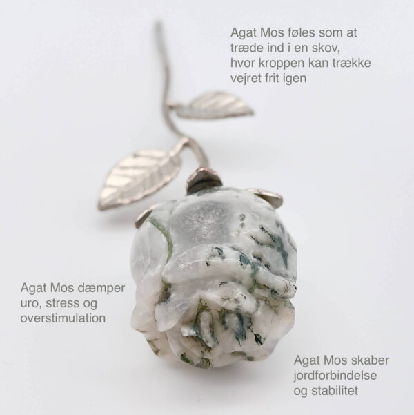 Agat Mos Rose med sølvfarvet stilk krystal sten med tags