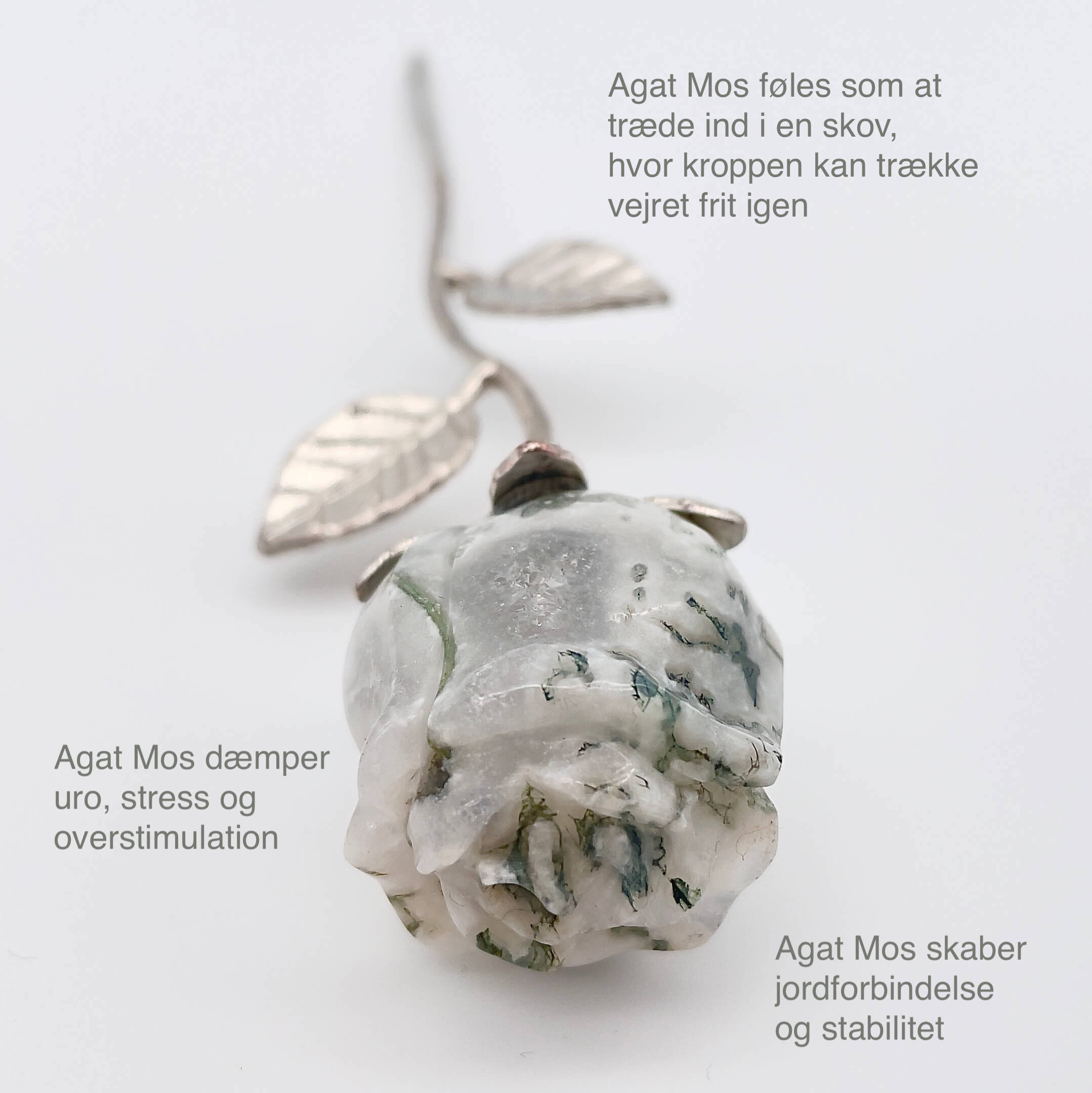 Agat Mos Rose med sølvfarvet stilk krystal sten med tags