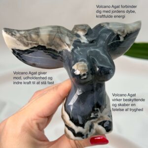 Agat Volcano Kvindekrop krystal sten i hånd på hvid baggrund med tags