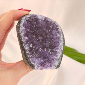 Ametyst Grotte Krystal Sten i hånd på hvid baggrund