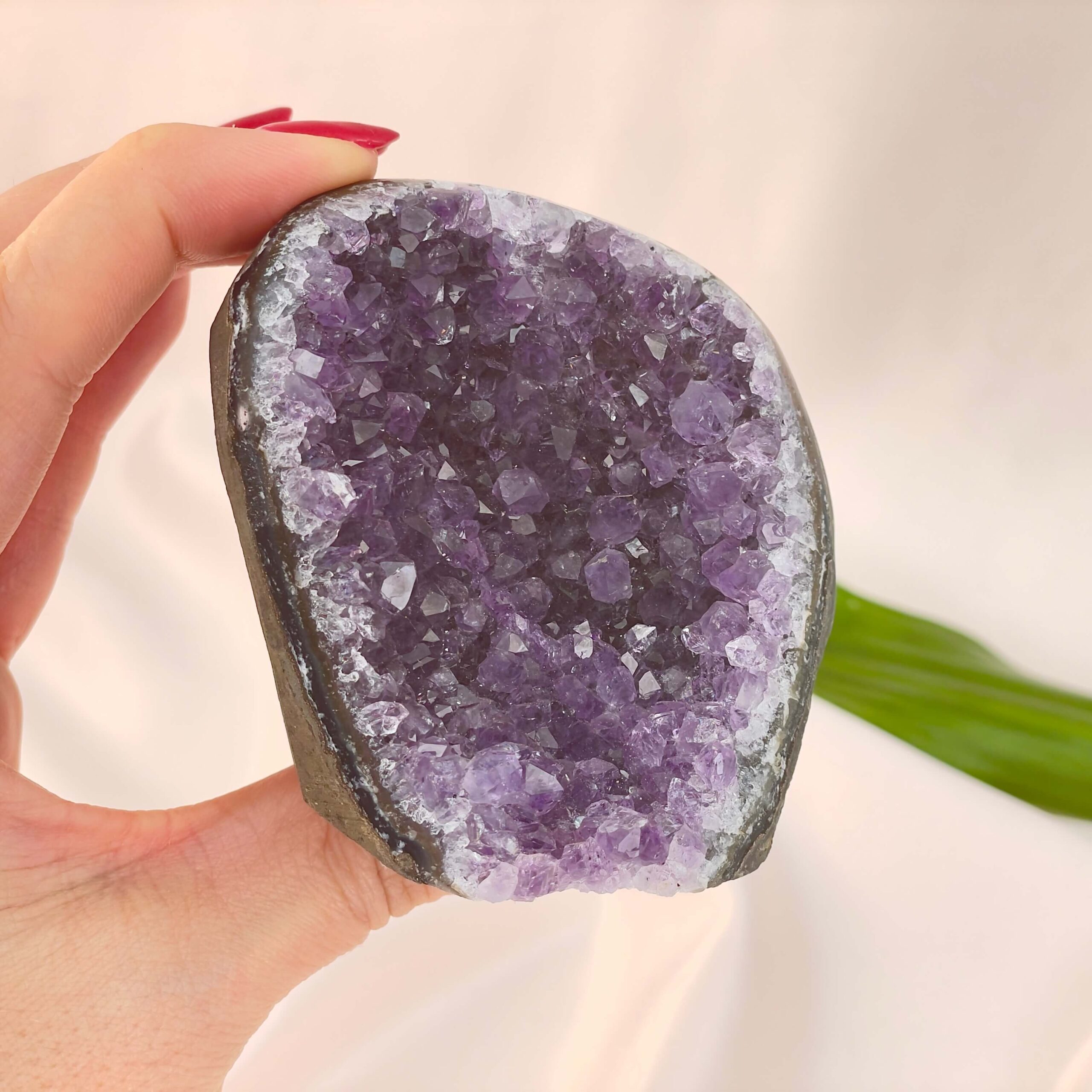 Ametyst Grotte Krystal Sten i hånd på hvid baggrund