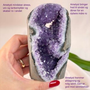 Ametyst Grotte Krystal Sten i hånd på hvid baggrund med tags