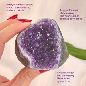 Ametyst Grotte Krystal Sten i hånd på hvid baggrund med tags