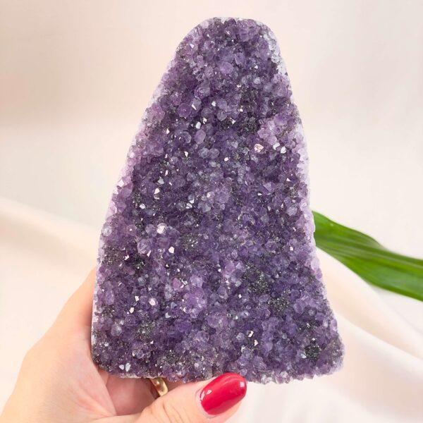 Ametyst Premium Grotte Krystal Sten i hånd på hvid baggrund