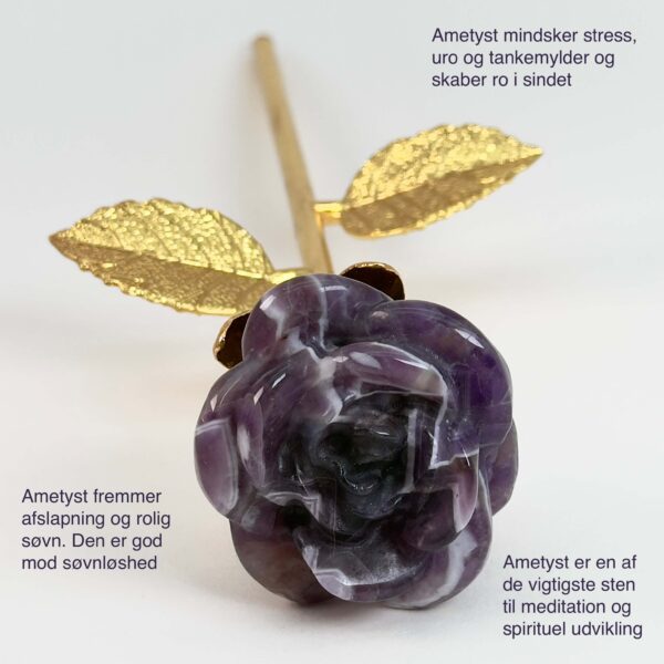 Stor Ametyst Rose med Guldfarvet stilk krystal sten med tags