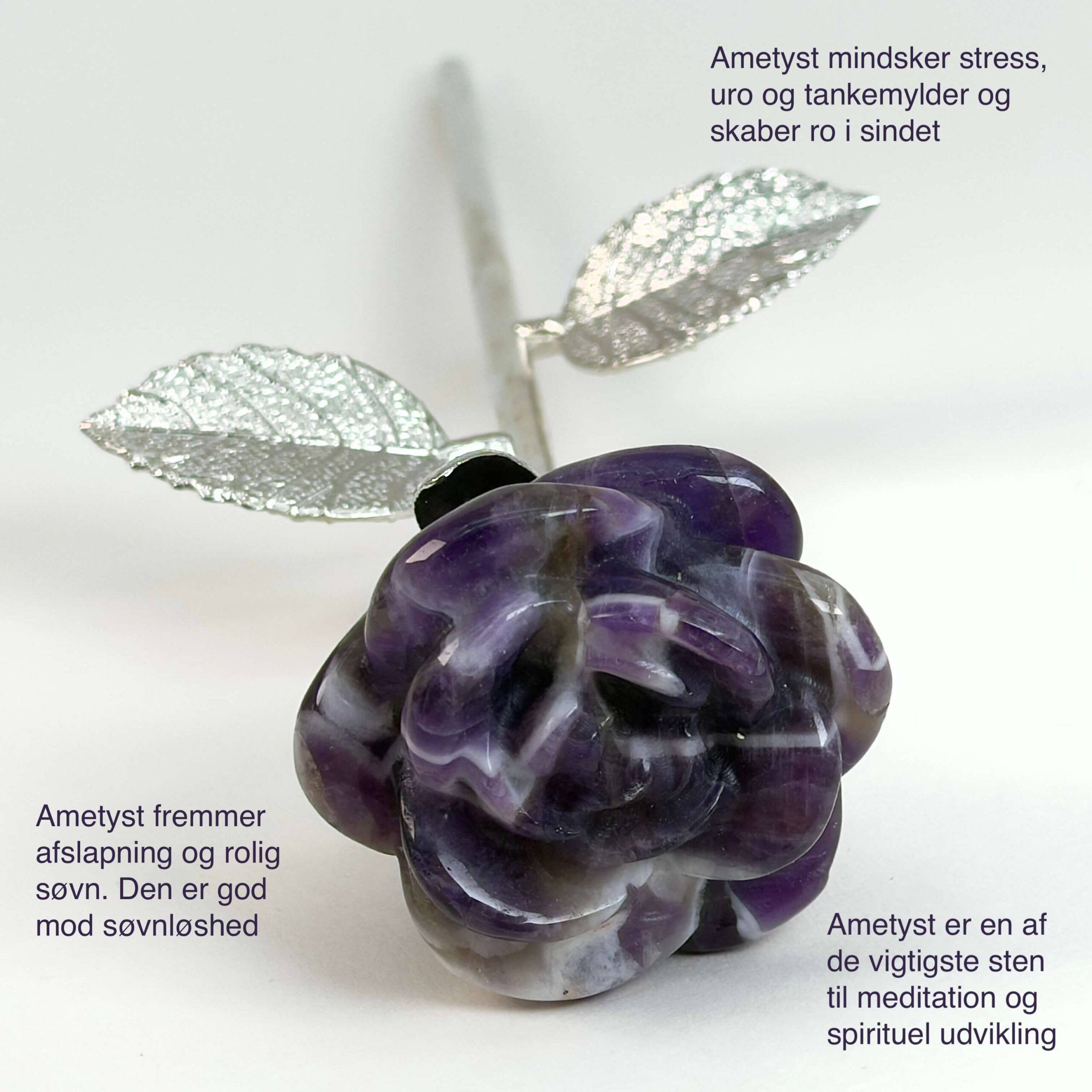 Stor Ametyst Rose med sølvfarvet stilk krystal sten med tags