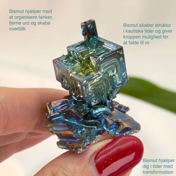 Bismut Rå Krystal Sten i hånd på hvid baggrund med tags