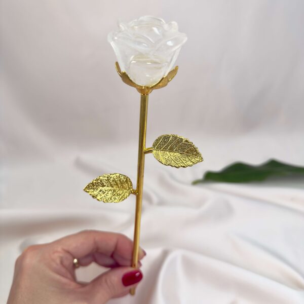 Stor bjergkrystal Rose med Guldfarvet stilk krystal sten i hånd