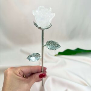 Stor bjergkrystal Rose med sølvfarvet stilk krystal sten i hånd