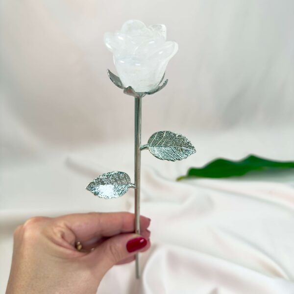 Stor bjergkrystal Rose med sølvfarvet stilk krystal sten i hånd