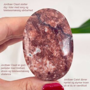 Jordbær Calsit Håndsten Krystal Sten i hånd på hvid baggrund med tags