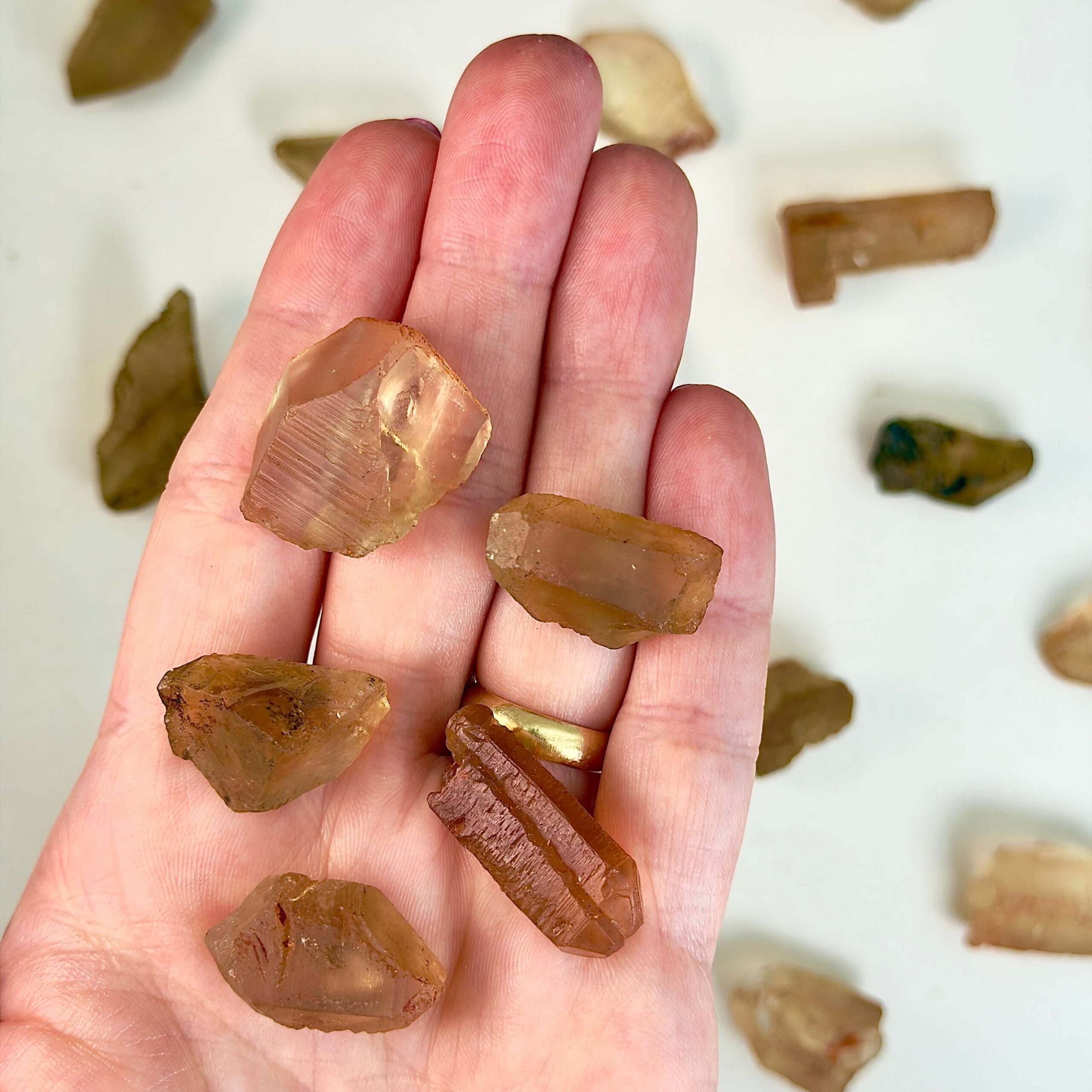 Citrin Rå Lommesten krystal sten i hånd på hvid baggrund