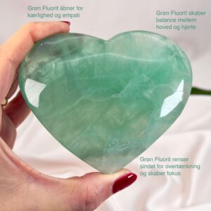 Fluorit Grøn Hjerte Krystal Sten i hånd hvid baggrund med tags