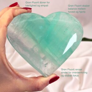 Fluorit Grøn Hjerte Krystal Sten i hånd hvid baggrund med tags