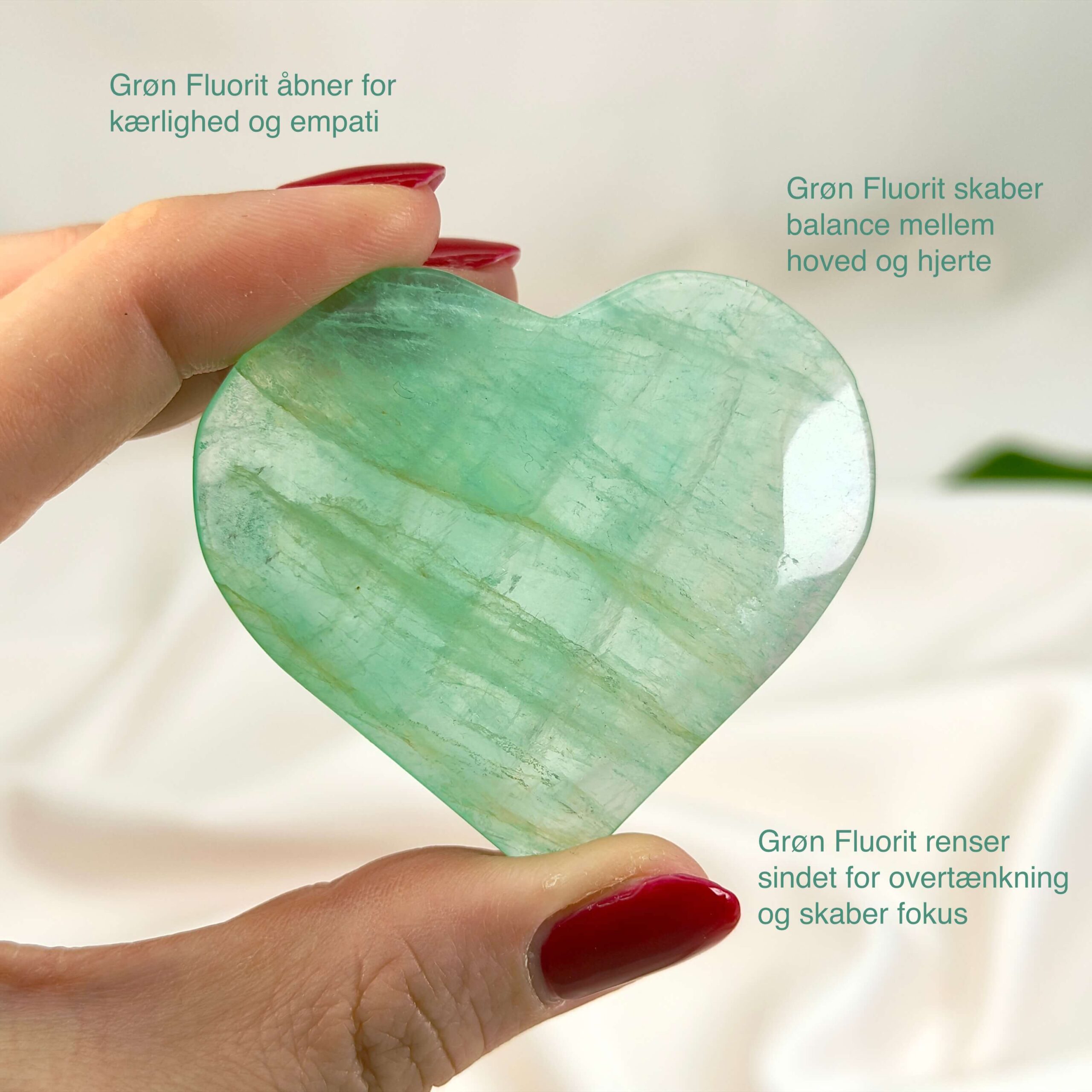 Fluorit Grøn Hjerte Krystal Sten i hånd hvid baggrund med tags