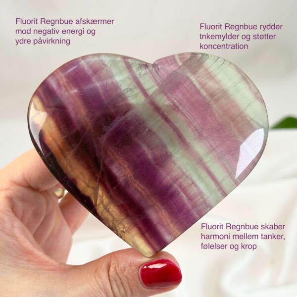 Fluorit Regnbue Hjerte Krystal Sten med hånd på hvid baggrund med tags