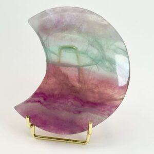 Fluorit Regnbue Måne Krystal Sten i holder på hvid baggrund