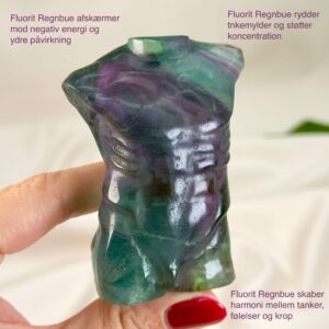 Fluorit Regnbue Mandekrop Krystal Sten med hånd på hvid baggrund med tags