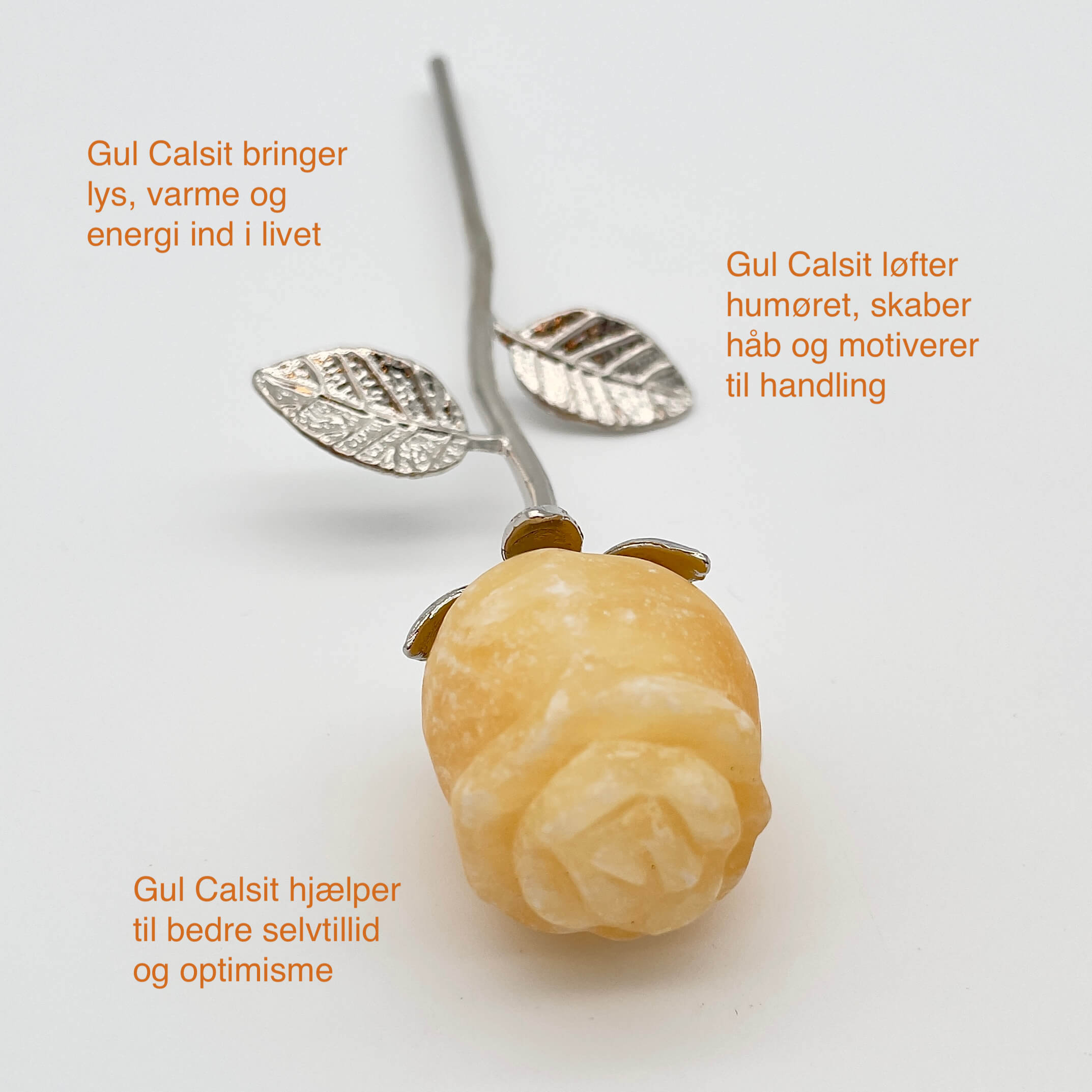 Gul Calsit Rose med sølvfarvet stilk krystal sten med tags