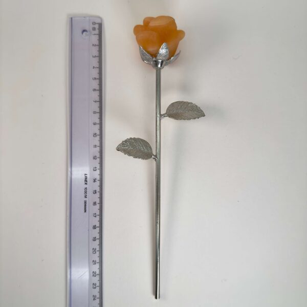 Stor gul calsit Rose med sølvfarvet stilk krystal sten ved siden af lineal