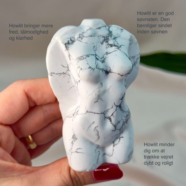 Howlit Kvindekrop Krystal sten på hvid baggrund i hånd med tags