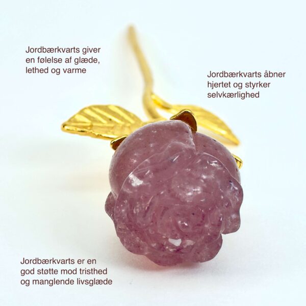 Jordbærkvarts Rose med guldfarvet stilk krystal sten med tags