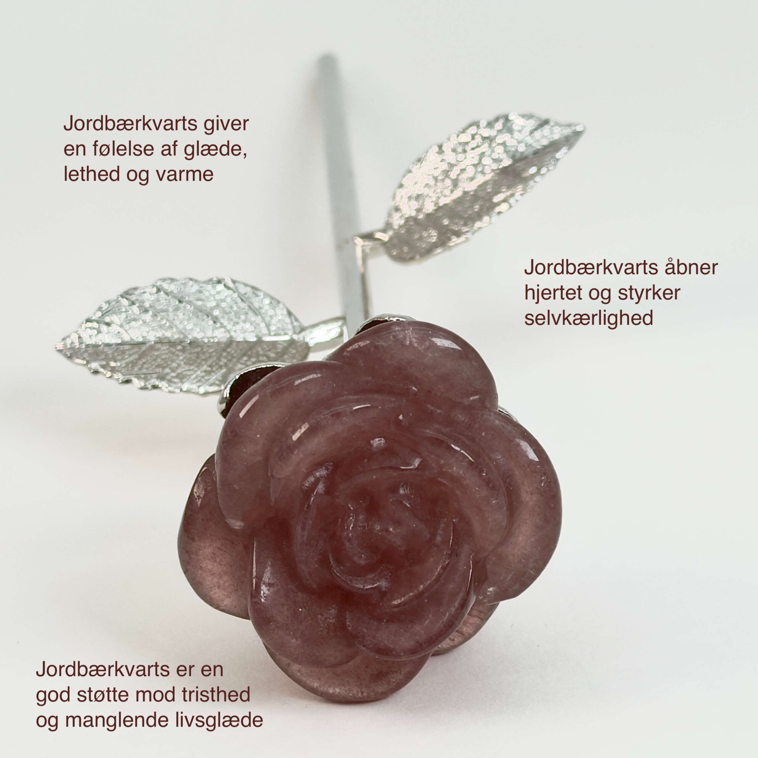 Stor jordbærkvarts Rose med sølvfarvet stilk krystal sten med tags