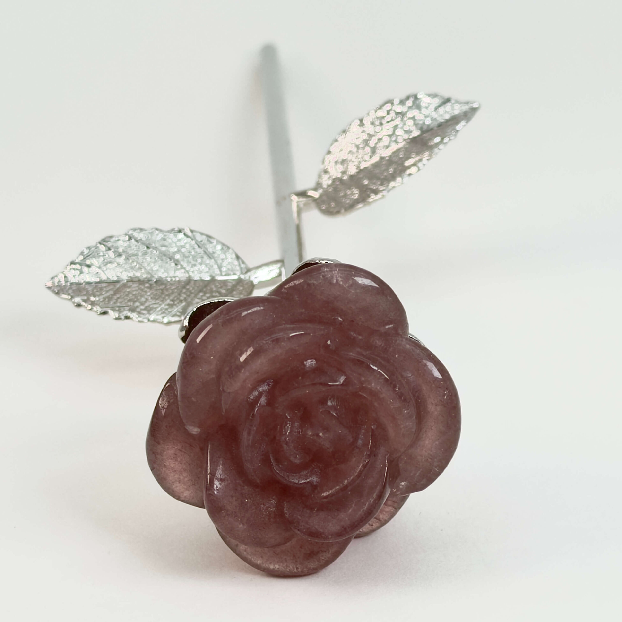 jordbærkvarts Rose med sølvfarvet stilk krystal sten