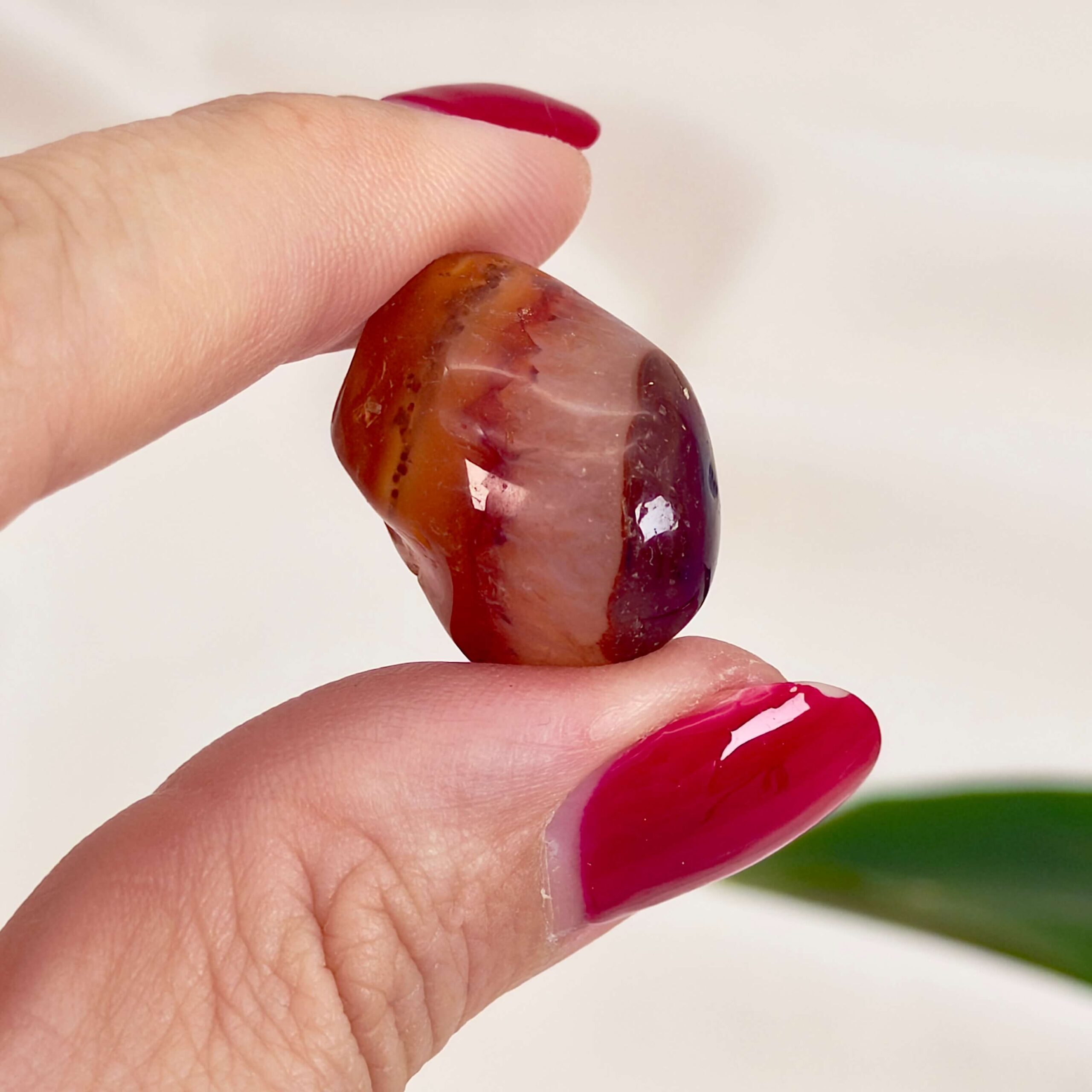 Karneol Lommesten Krystal i hånd på hvid baggrund