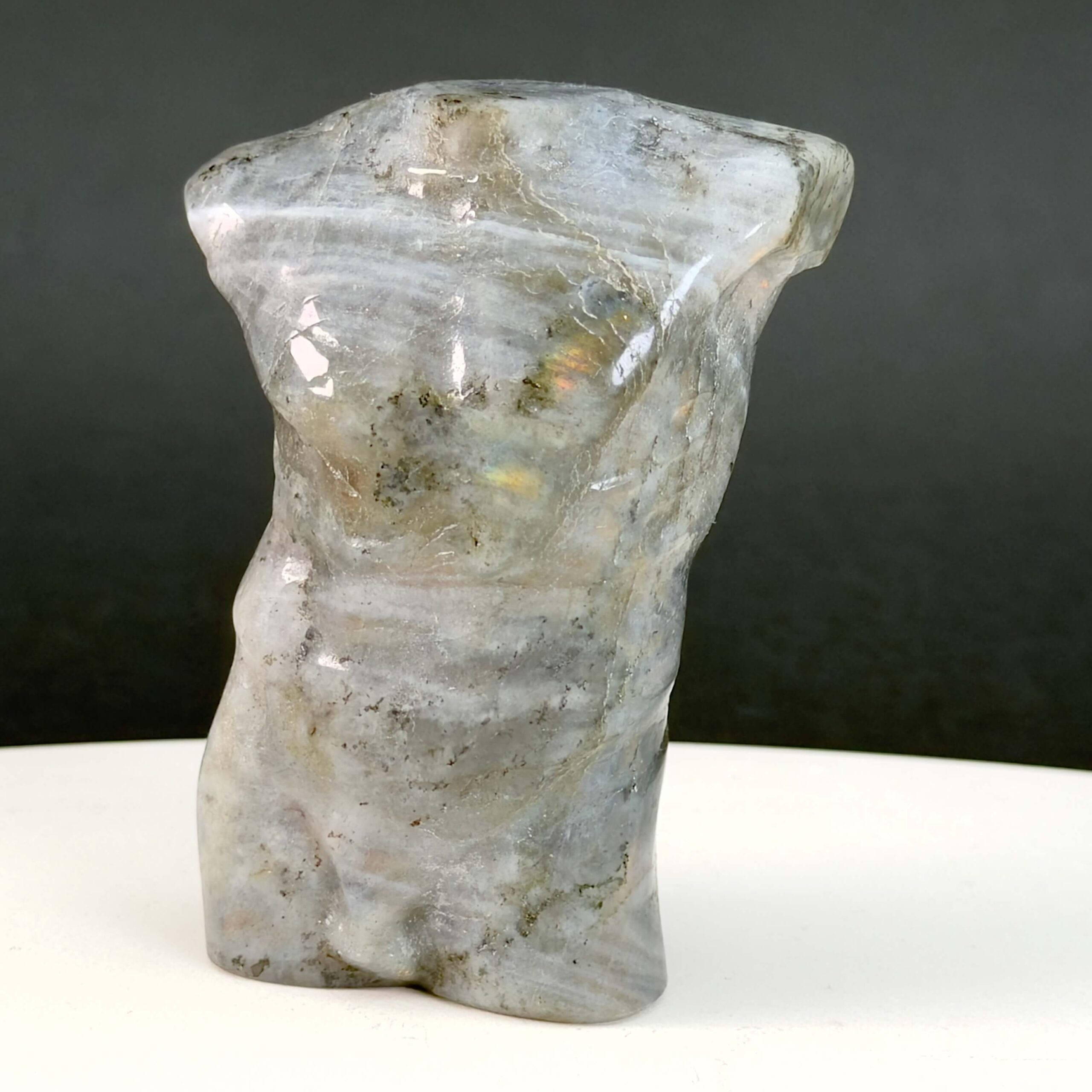 Labradorit Mandekrop krystal sten på hvid og sort baggrund