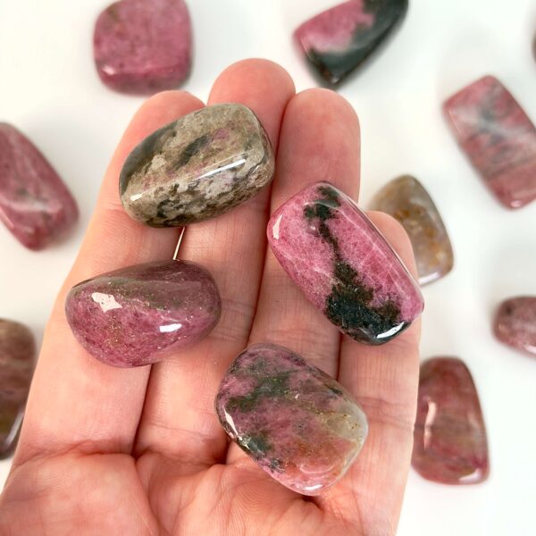 Rhodonit lommesten krystal sten i hånd på hvid baggrund
