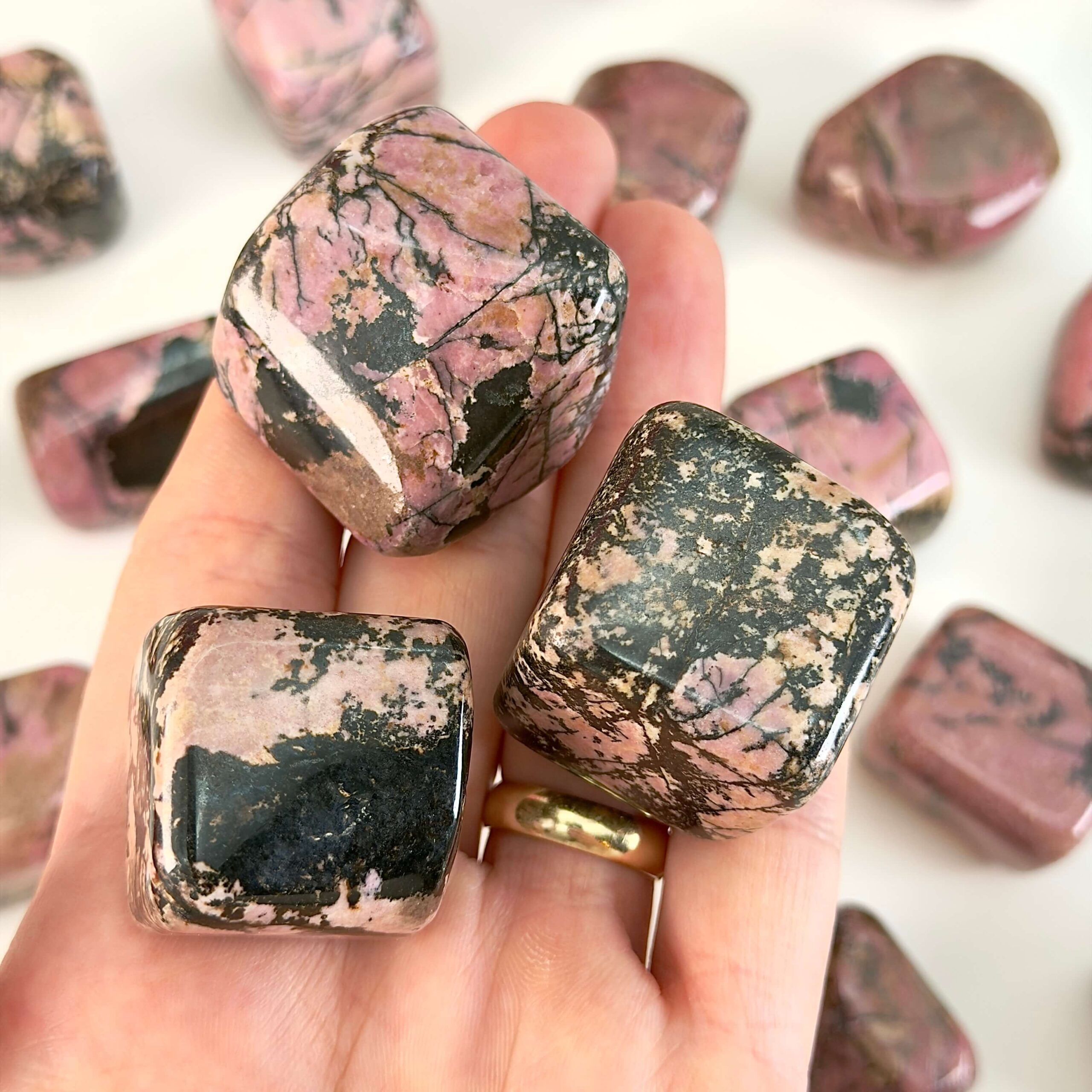 Rhodonit polerede sten krystal sten samling på hvid baggrund