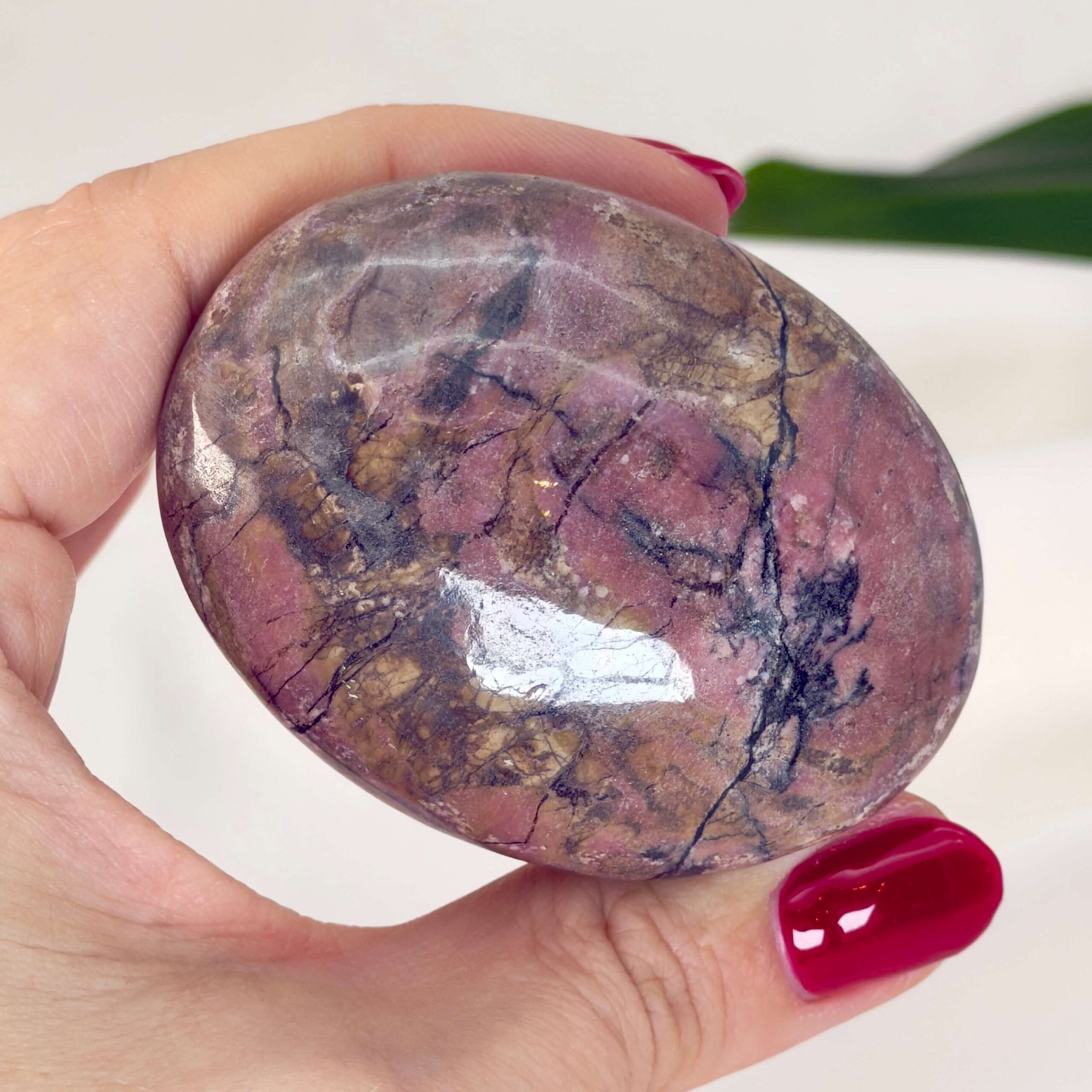 Rhodonit håndsten krystal sten i hånd med hvid baggrund