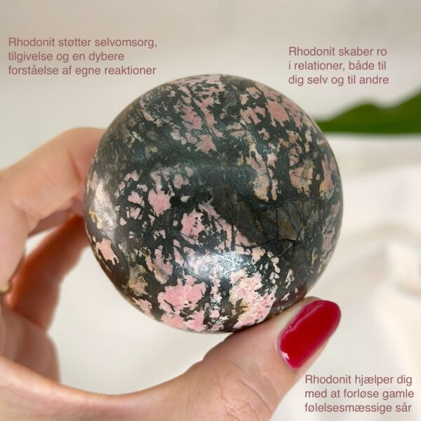Rhodonit kugle krystal sten i hånd med hvid baggrund og med tags