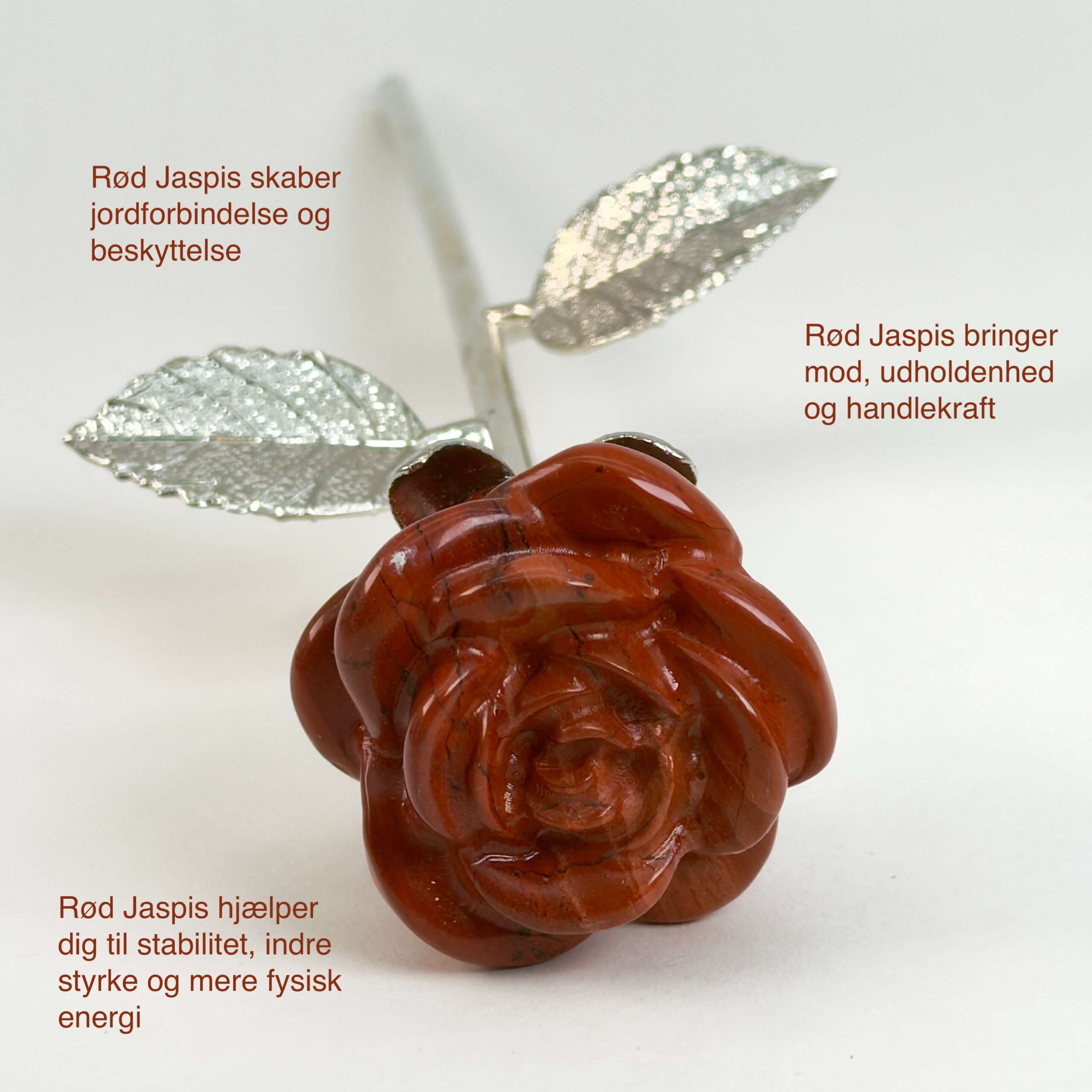 Stor rød jaspis Rose med sølvfarvet stilk krystal sten med tags