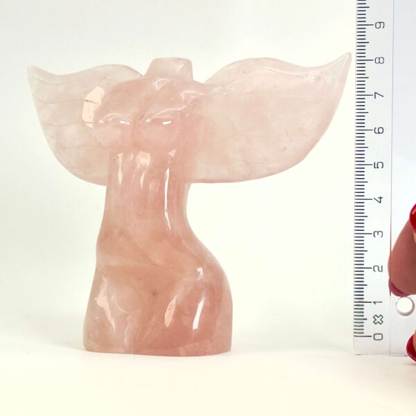 Rosakvarts Kvindekrop med vinger krystal sten med lineal på hvid baggrund