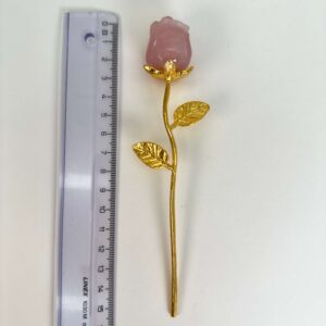 Jordbærkvarts Rose med guldfarvet stilk krystal sten med lineal
