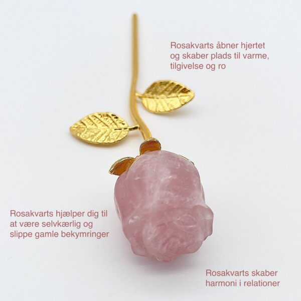 Rosakvarts Rose med guldfarvet stilk krystal sten med tags